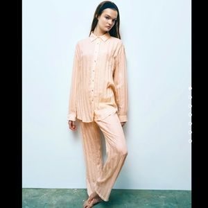 Zara 2 Piece Pink Texture Shimmery Shirt & High Waisted Pants Set Size M